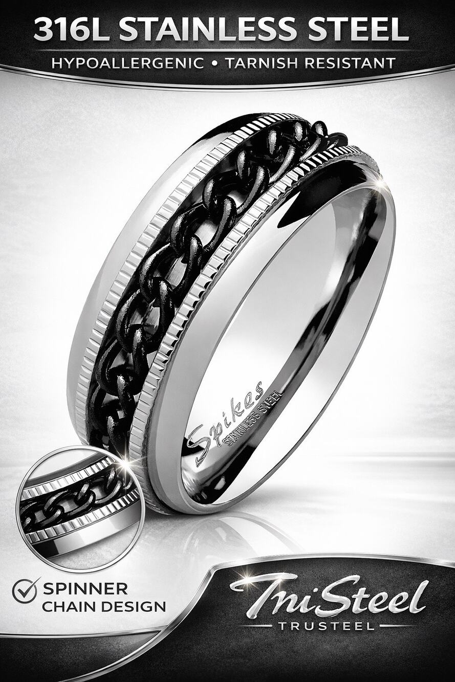 Men’s 316L Stainless Steel silver black Chain Ring Spinning Comfort Fit Size 9